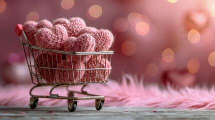 Valentine's day background with hearts and shopping cart on pink background