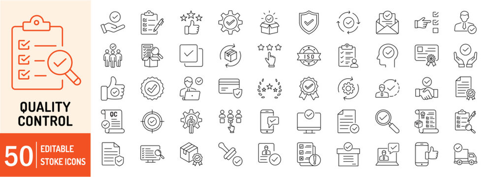 Quality Control editable stroke outline icons set. Check, mark, quality control, checklist, analysis, business, feedback and inspect. Vector illustration