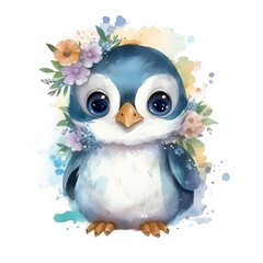 Cute cartoon watercolor penguin with flowers on a transparent background