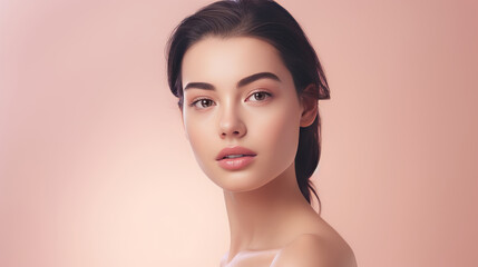 Fototapeta premium Woman with elegant makeup and stylish hairstyle in studio portrait beauty and glamour on pink background, beauty, skincare, makeup and cosmetics