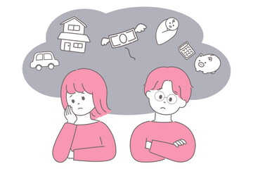 将来やお金の不安を感じる男女のイラスト