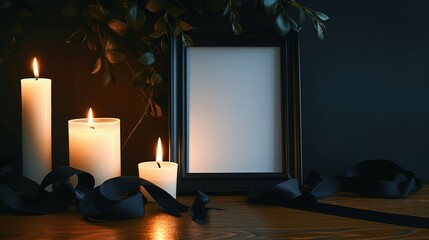 Blank funeral frame, burning candles and black ribbon on wooden table against dark background