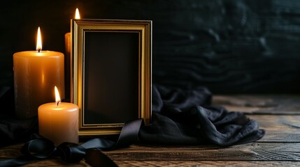 Blank funeral frame, burning candles and black ribbon on wooden table against dark background
