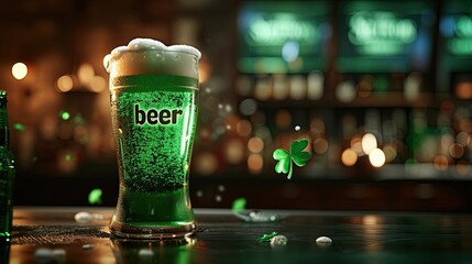 A glass of traditional Irish foamy green beer for St. Patrick's Day stands on the bar counter, next to a clover leafs. With the text 