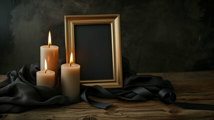 Fototapeta na wymiar Blank funeral frame, burning candles and black ribbon on wooden table against dark background