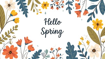 Obraz premium Illustration in a minimalist botanical style with a spring mood new fresh flowers with the text “Hello spring” in centre of picture