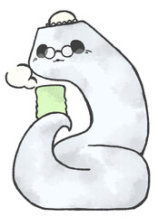 お茶をもってほっこりするおばあちゃんへび（白色）