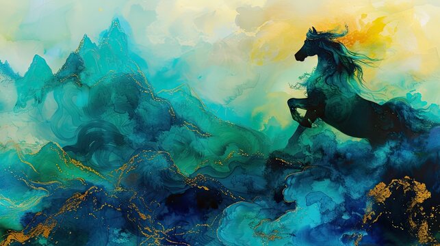 fantasy wallpaper, abstract watercolour horse, mountain landscape, chinese traditional ink painting, blue, green, gold, generative AI