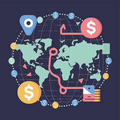 Obraz premium 2d vector illustration colorful trading over the world map money bitcoin crypto 