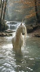 A white unicorn stands in the water of a forest lake.