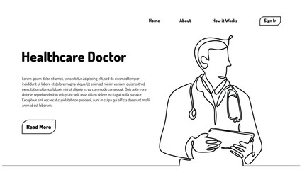 Healthcare doctor continuous one line art drawing. Portrait of professional medical doctor. Landing page template vector illustration.