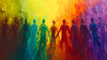 figures forming a human rainbow with each person drenched in different Holi colors