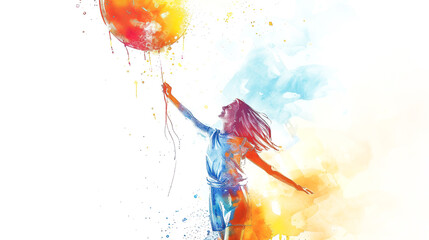 Joyful watercolor balloon fight between siblings on a simple white background