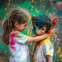 Girl and boy applying vibrant Holi colors to each other,