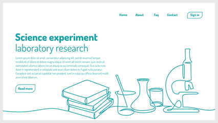 Chemical lab equipment landing page. One line continuous drawing scientific tools. Research and development concept.