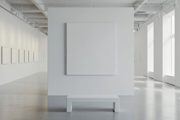 White square painting on a white empty wall, photo realistic, modern
