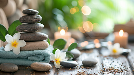 Spa composition with natural elements, showcasing leisure lifestyle with stones, flowers, and...