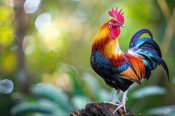 Beautiful rooster on nature background. - obrazy, fototapety, plakaty