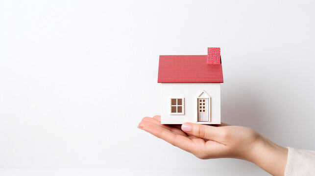 Hand showing house model on white background, copy space. Mortgage, home loan, construction and property concept
