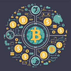 2d vector illustration colorful trading over the world map money bitcoin crypto 
