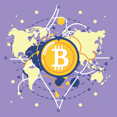 2d vector illustration colorful trading over the world map money bitcoin crypto 
