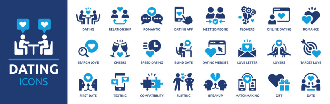Dating icon set. Containing dating app, relationship, romance, speed dating, date, search love, matchmaking and more. Vector solid icons collection.