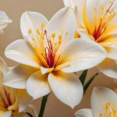 Close up flowers on a cream colored background.