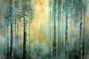 Modern abstract interpretation of a forest, with textured layers and organic forms, highlighting the beauty of nature in an unconventional way, captivating viewers.