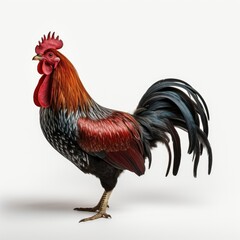 Fototapeta premium Majestic rooster standing side view on white background, vibrant plumage, farm animal.