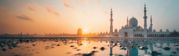 Zelfklevend Fotobehang Cultural Reverence and Spiritual Harmony: Ramadan Reflections at the Grand Mosque, Sunset Silhouette of Sheikh Zayed Grand Mosque with Reflective Pools - Spiritual Landmark. © Art Stocker