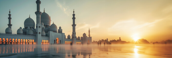 Cultural Reverence and Spiritual Harmony: Ramadan Reflections at the Grand Mosque, Sunset Silhouette of Sheikh Zayed Grand Mosque with Reflective Pools - Spiritual Landmark. - obrazy, fototapety, plakaty