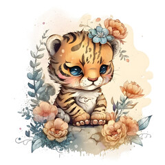 Cute cartoon watercolor tiger with flowers on a transparent background