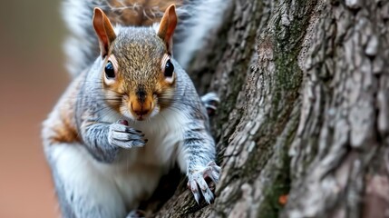 Naklejka na ściany i meble Inquisitive Squirrel Climbing on a Textured Tree Bark