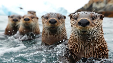 Otters Group Huddle in Water - obrazy, fototapety, plakaty