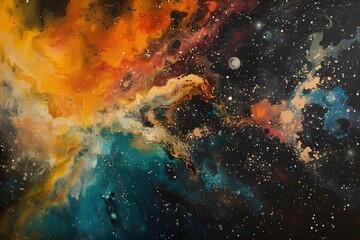 Abstract art piece inspired by the cosmos, incorporating cosmic elements and astral colors to depict the vastness of the universe, igniting imagination. - obrazy, fototapety, plakaty