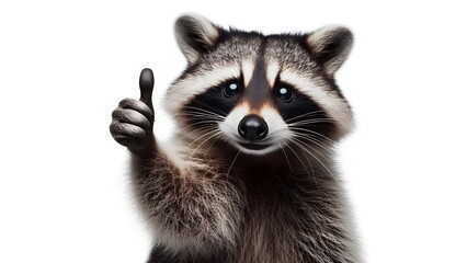 A raccoon giving a thumbs up isolated on white background