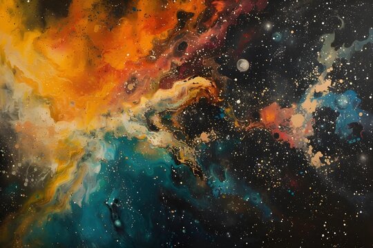 Abstract art piece inspired by the cosmos, incorporating cosmic elements and astral colors to depict the vastness of the universe, igniting imagination.