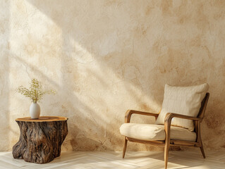 A chair in front of a beige wall with a creative work on a wooden stump