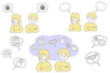 悩み事を抱える男女のイラストセット