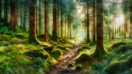 Obraz premium Enchanting wild forest path with watercolor effect