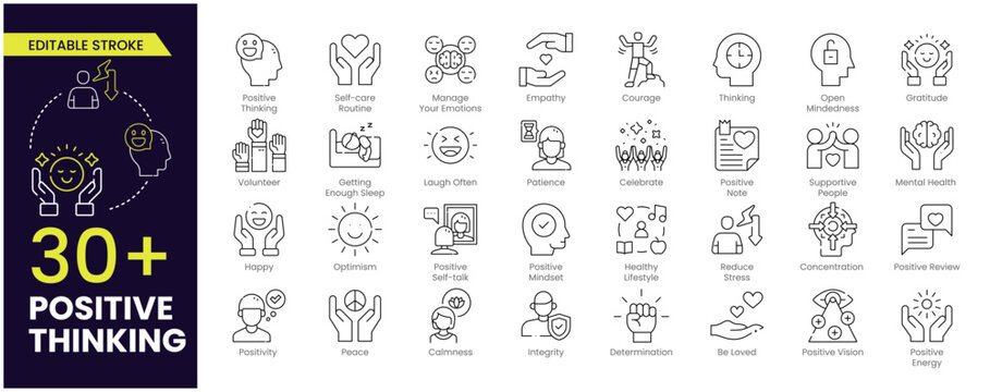 Positive thinking Editable Stroke icon. Containing self-care, optimism, be loved, healthy lifestyle, happiness, positive mindset and more icons. Editable Outline icon collection.
