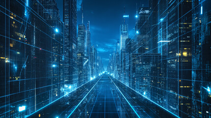 A futuristic cyber city at night, with holographic buildings and screens, with a cool blue lighting