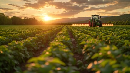 Fototapeta premium Tractor spraying pesticides fertilizer on soybean crops farm field