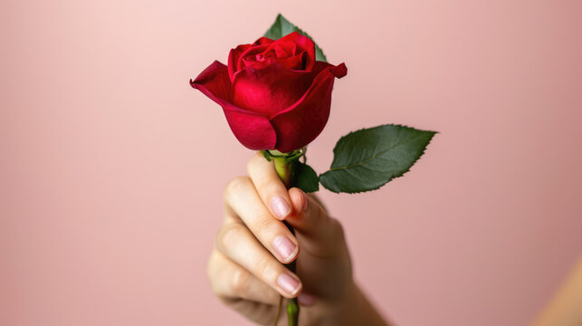 Concept for Valentine's Day. women's Day. female hand with a red rose on a pink background. space for text. - Powered by Adobe