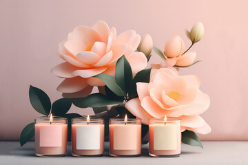 Scented candles and flowers in a minimalist style - peachy pink tones. Set for decorating a massage parlor