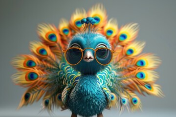 A vibrant peacock character with oversized glasses posing majestically.