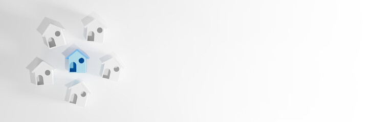 Blue house in among white houses for real estate property industry.