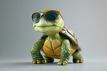 A green turtle with stylish sunglasses, exuding a cool vibe.