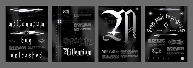 Poster design template in y2k grunge gothic style with grey abstract techno elements and graphic typography on black background. Punk retro futuristic 2000s aesthetic banner or placard layout.