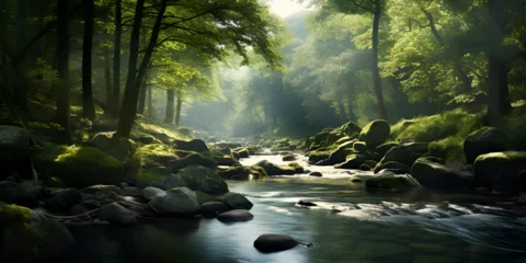 Keuken spatwand met foto stream in the forest Nature Landscapes background Tranquil scene of a mountain range with flowing water and foliage. © Fatima